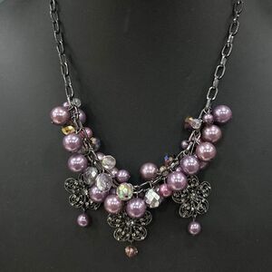 Bubble Bead Statement Necklace 19" Purple Clustered Beads With Flower Accents